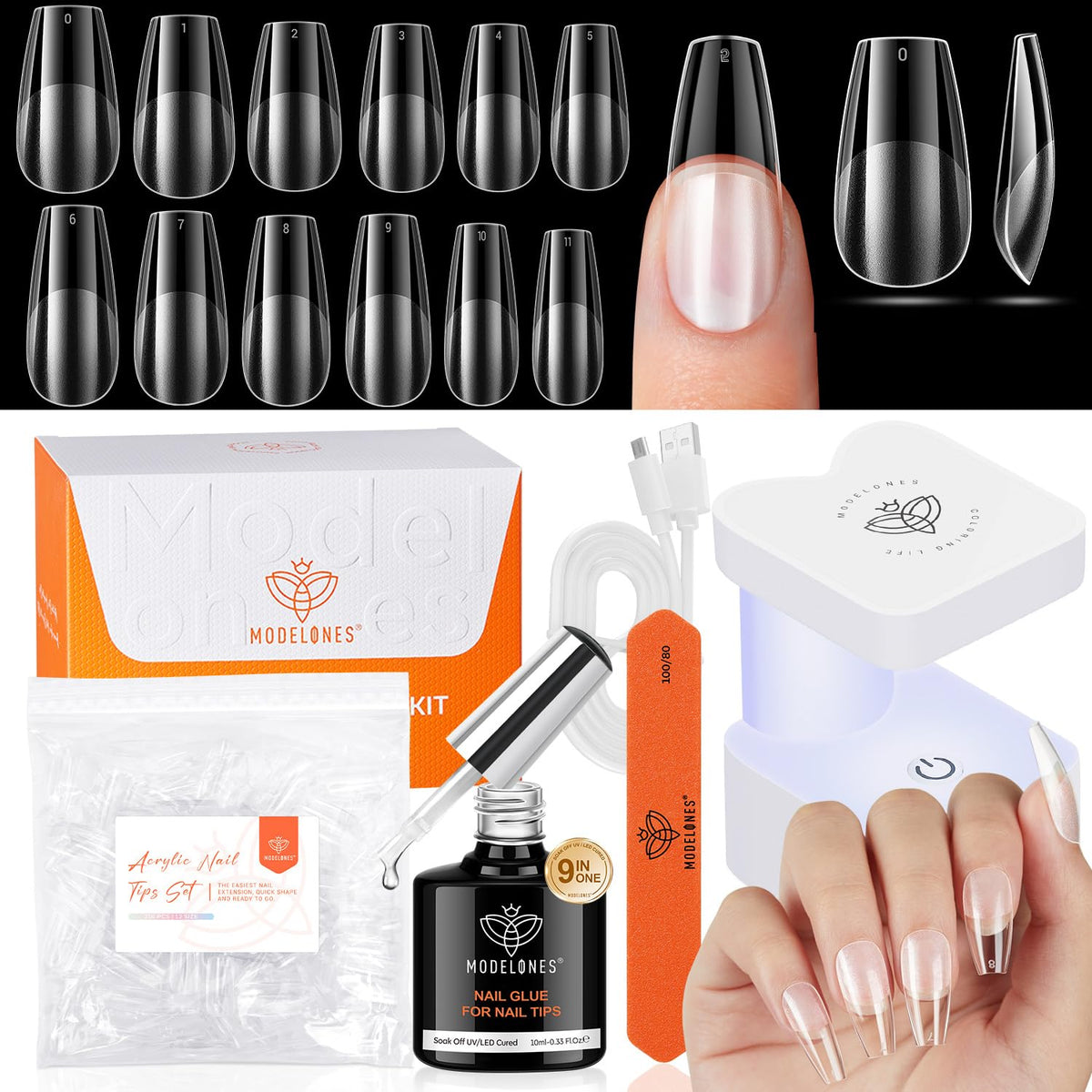modelones Nail Gel Kit including UV lamp and nail tips