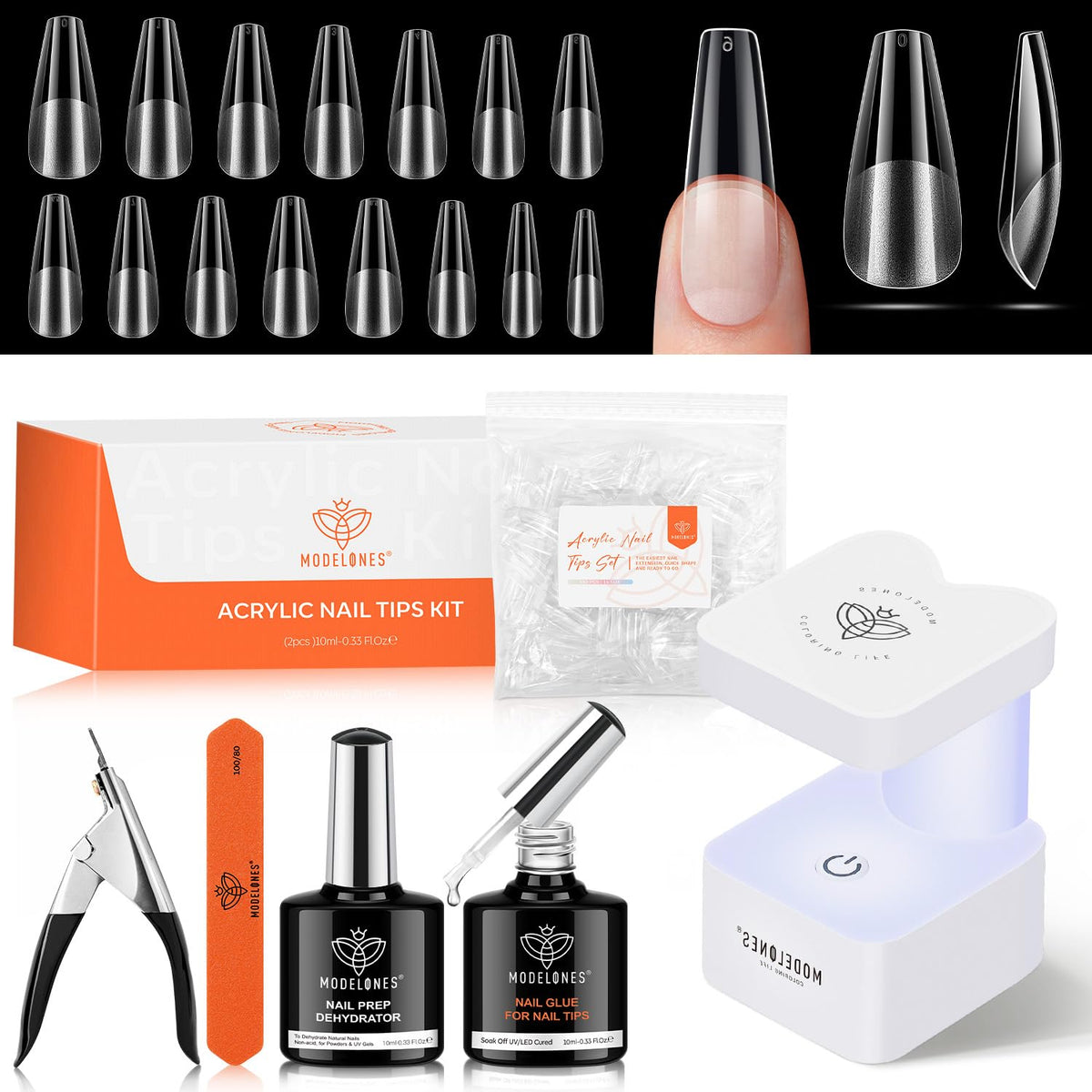 modelones Nail Gel Kit with 500 coffin tips and UV lamp