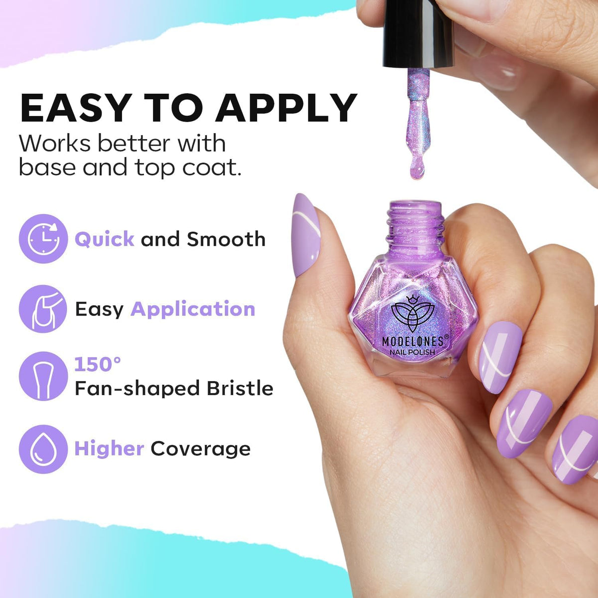 modelones nail polish application on nails with holographic effect