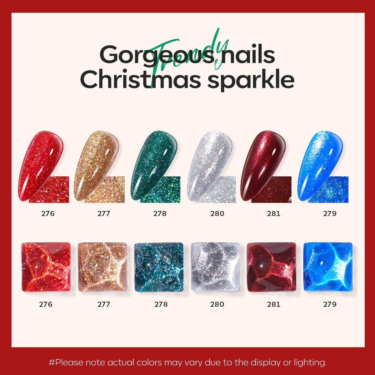 modelones nail polish applied on nails in festive colours