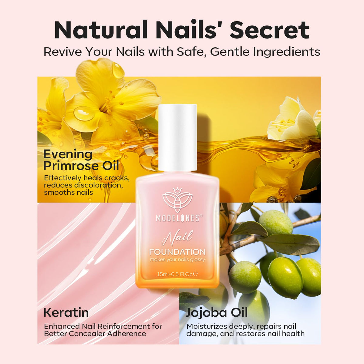 Modelones Nail Strengthener Peachy Pink Nail Polish on a vanity table