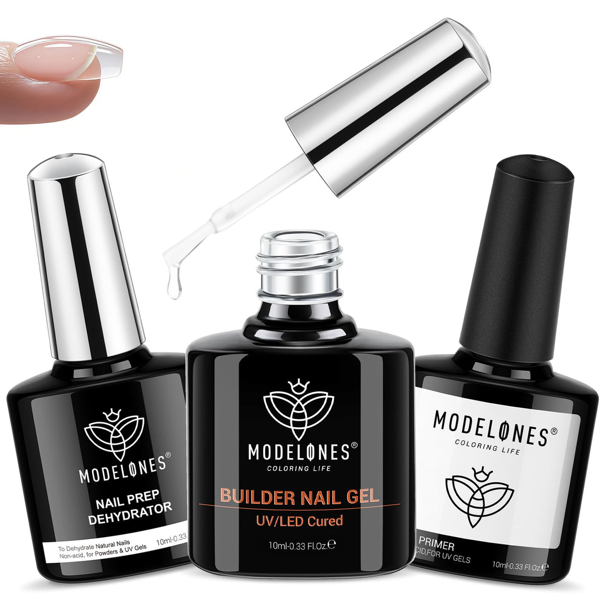modelones Nail Thickening Solution Trio Set with Clear Builder Gel, Dehydrator, and Primer