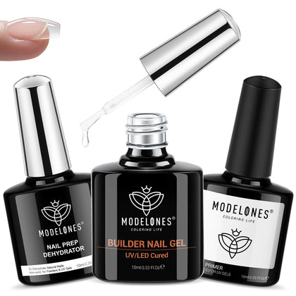 modelones Nail Thickening Solution Trio Set with Clear Builder Gel, Dehydrator, and Primer