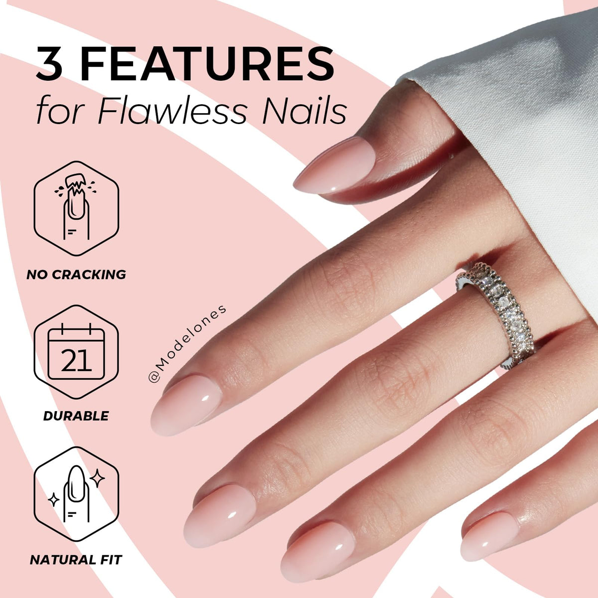modelones Nude Pink nails applied on a hand