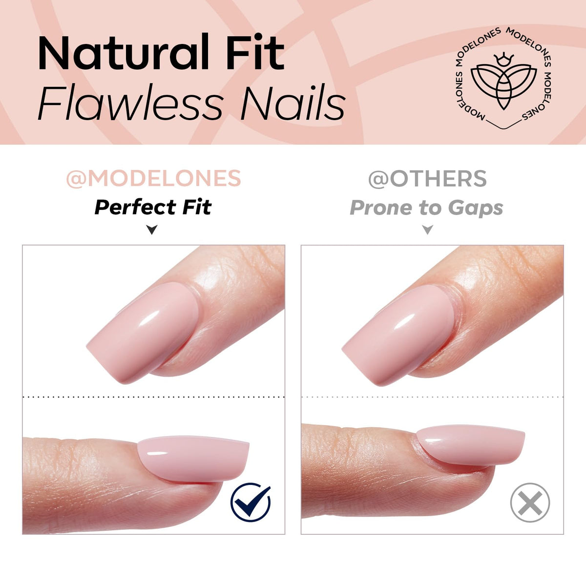 modelones Nude Pink Press On Nails Short Square applied on fingers