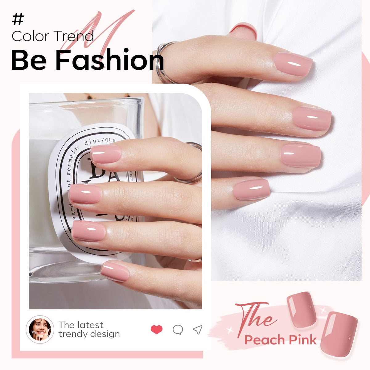 Modelones Peach Pink Press On Nails applied on hands