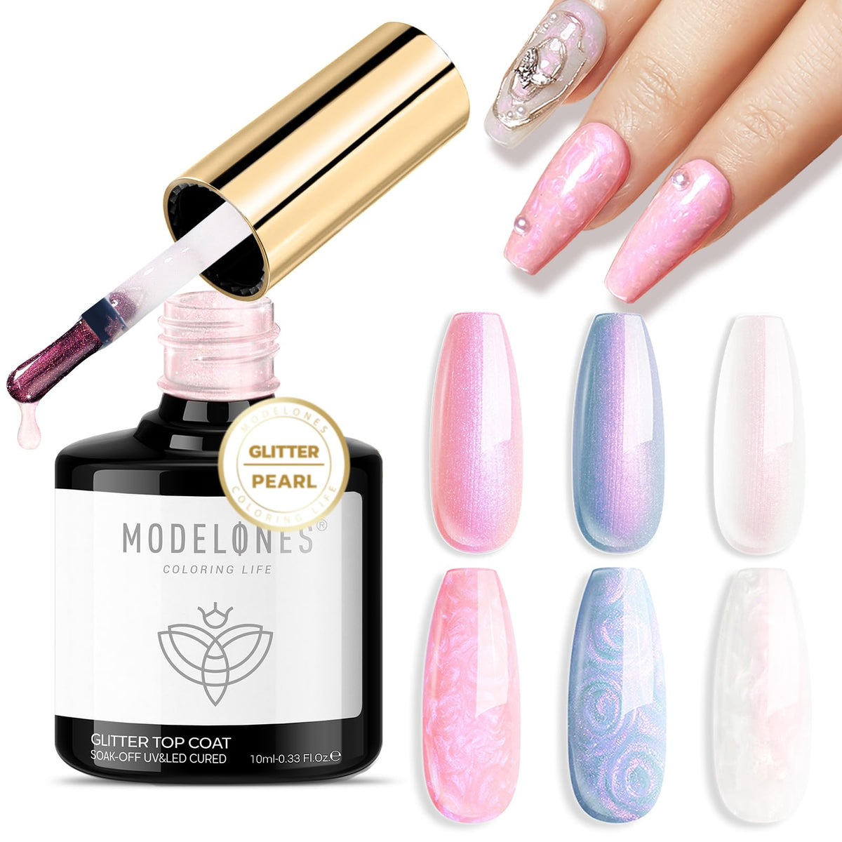 modelones Pearl Gel Top Coat front view with sheer pearl micro glitter