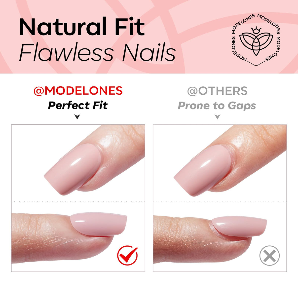 Modelones Pink Chrome Press on Nails laid out with nail glue and tools