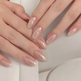Modelones Pink Chrome Press on Nails Short Almond front view