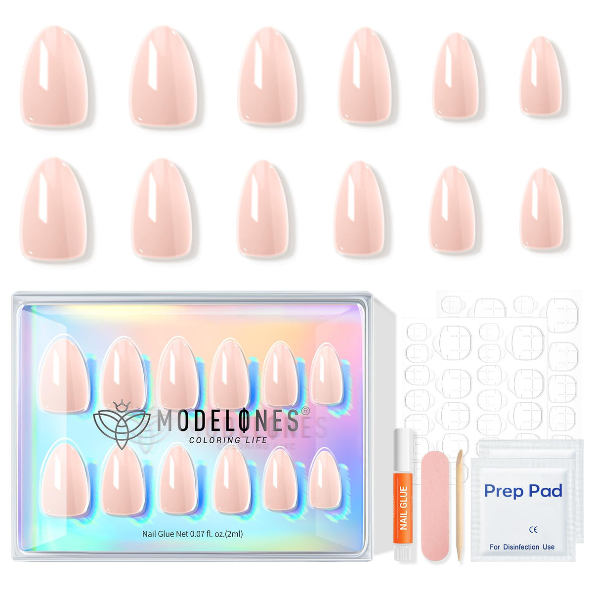 Modelones Pink Chrome Press on Nails Short Almond with cuticle stick