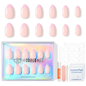 modelones Pink French Tip Press on Nails displayed alongside cuticle stick and nail file