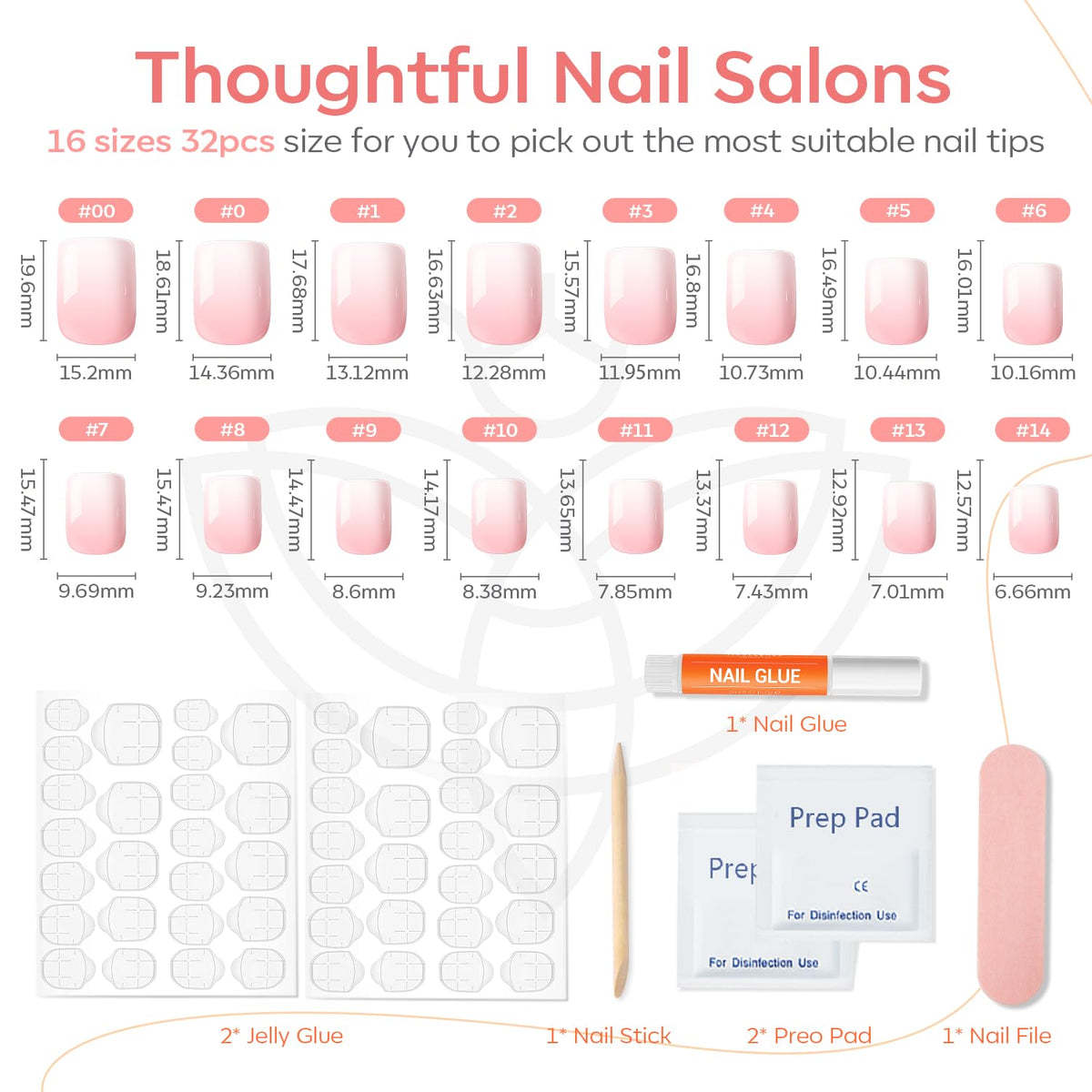 modelones Pink Ombre Press On Nails Short Square with nail glue and accessories