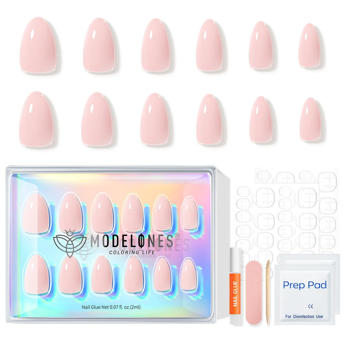 Modelones Pink Press On Nails Short Almond with prep kit