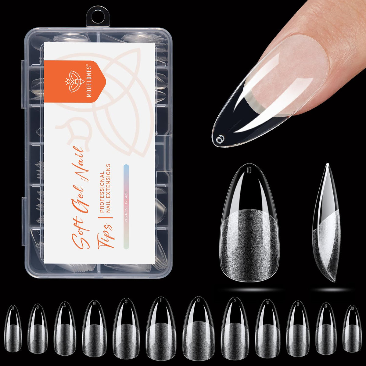 modelones Pointed Almond Nail Tips 216 pcs packaging front view