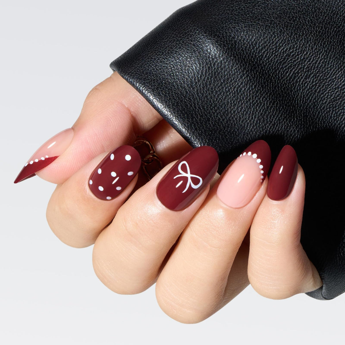 modelones Press on Nails Burgundy Short Almond front view