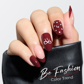 modelones Press on Nails Burgundy Short Almond with accessories