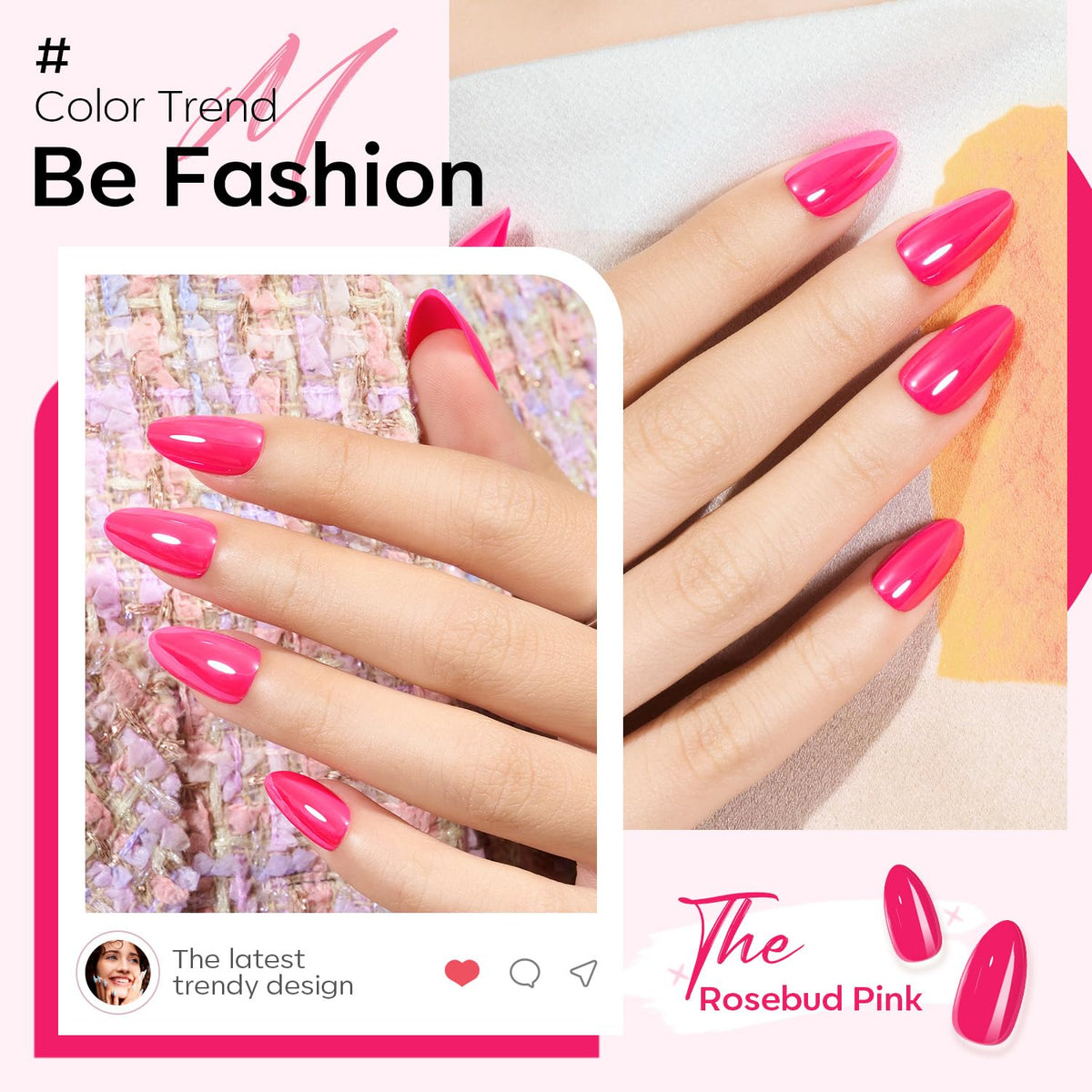 modelones Press on Nails Short Square 32Pcs Hot Pink packaging