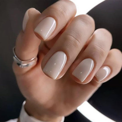 modelones Press On Nails Short Square white pink set front view