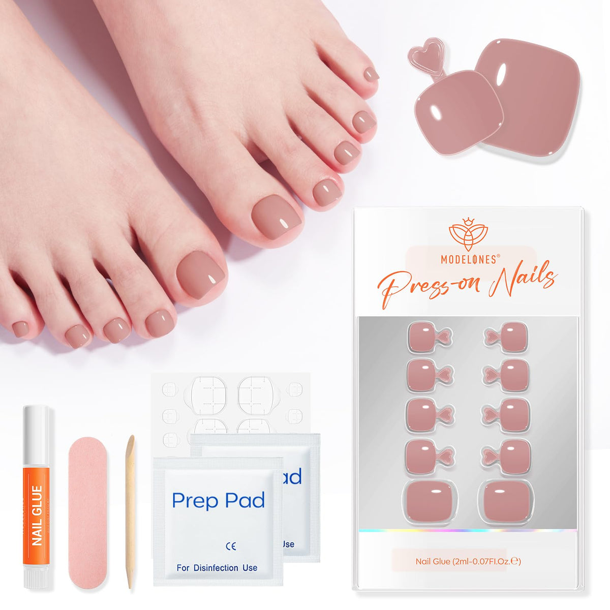 modelones Press on Toenails Short Rosy Brown side view
