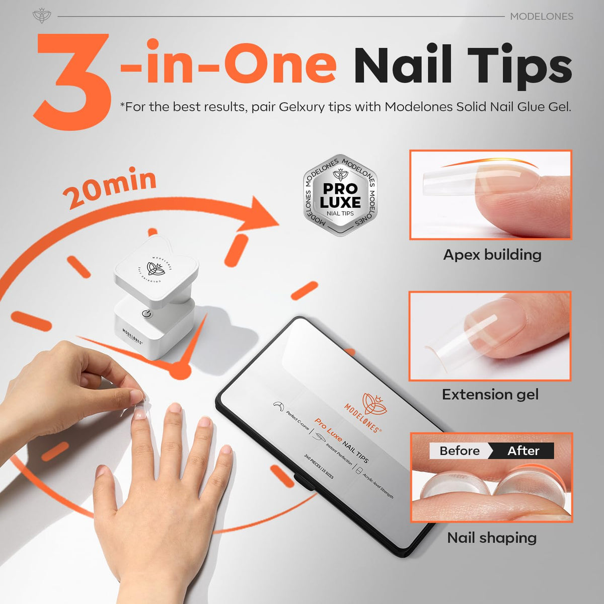 modelones Pro Luxe nail tips displayed in a nail salon setting