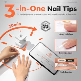 modelones Pro Luxe nail tips displayed in a nail salon setting