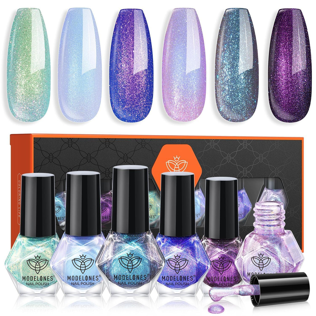 modelones Quick Dry Nail Polish Set with 6 holographic shades front view