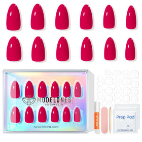 modelones Raspberry Press On Nails Short Almond close-up of nail designs