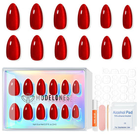 modelones Red Cat Eye Press On Nails showing application process