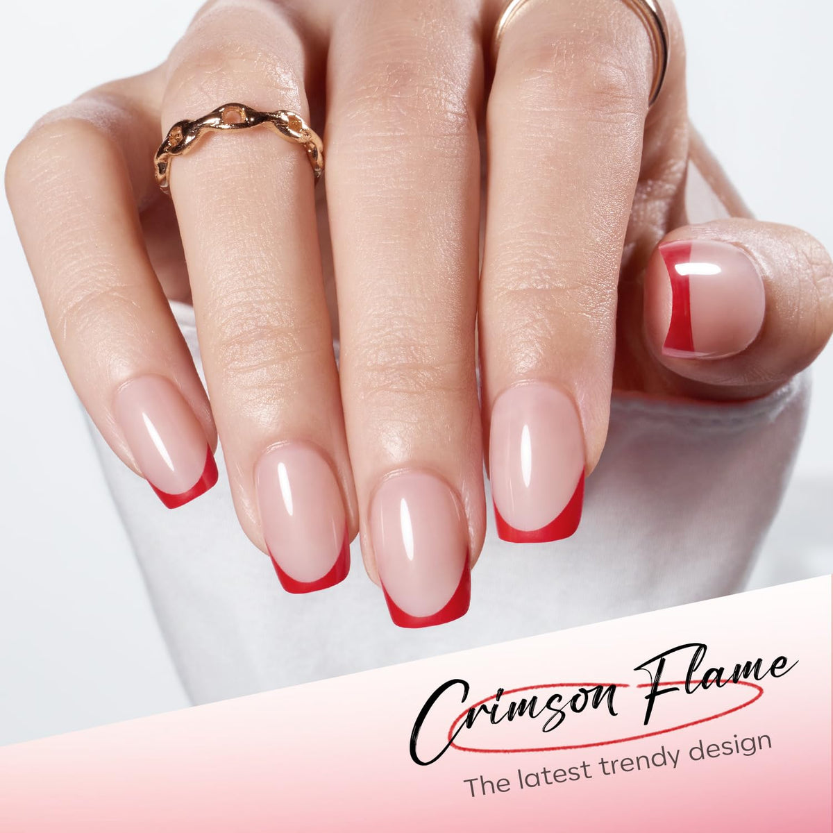 Modelones Red French Tip Press On Nails displayed with jelly adhesive tabs
