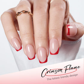 Modelones Red French Tip Press On Nails displayed with jelly adhesive tabs