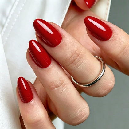 modelones Red Press On Nails Short Almond 32 Pcs kit front view
