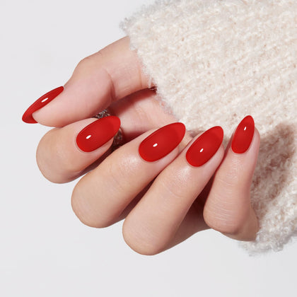modelones Red Press on Nails Short Almond front view with packaging