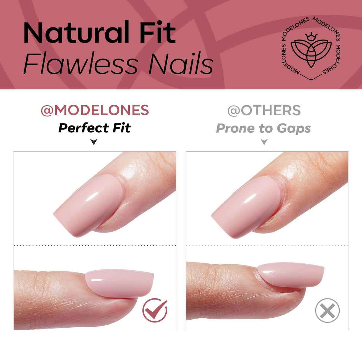 modelones Rose Red Press On Nails Short Square close-up