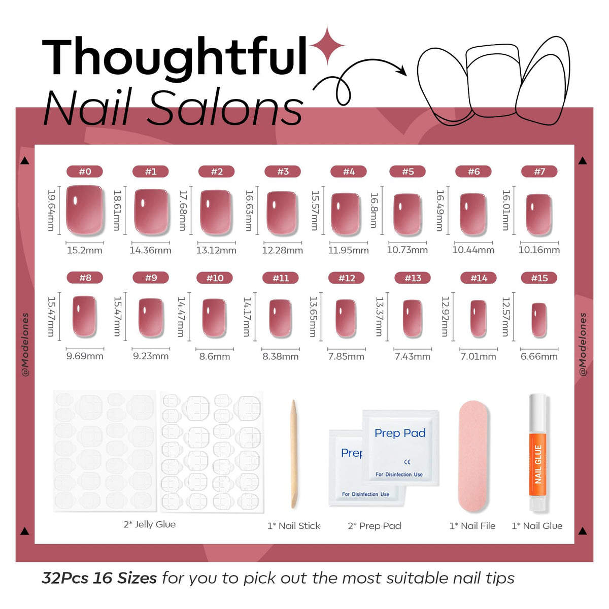 modelones Rose Red Press On Nails Short Square with jelly adhesive tabs