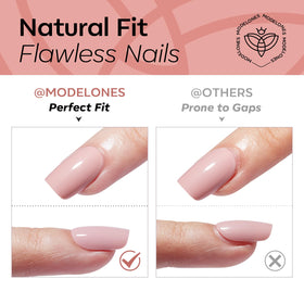 modelones Sheer Milk Tea Short Press on Nails being applied