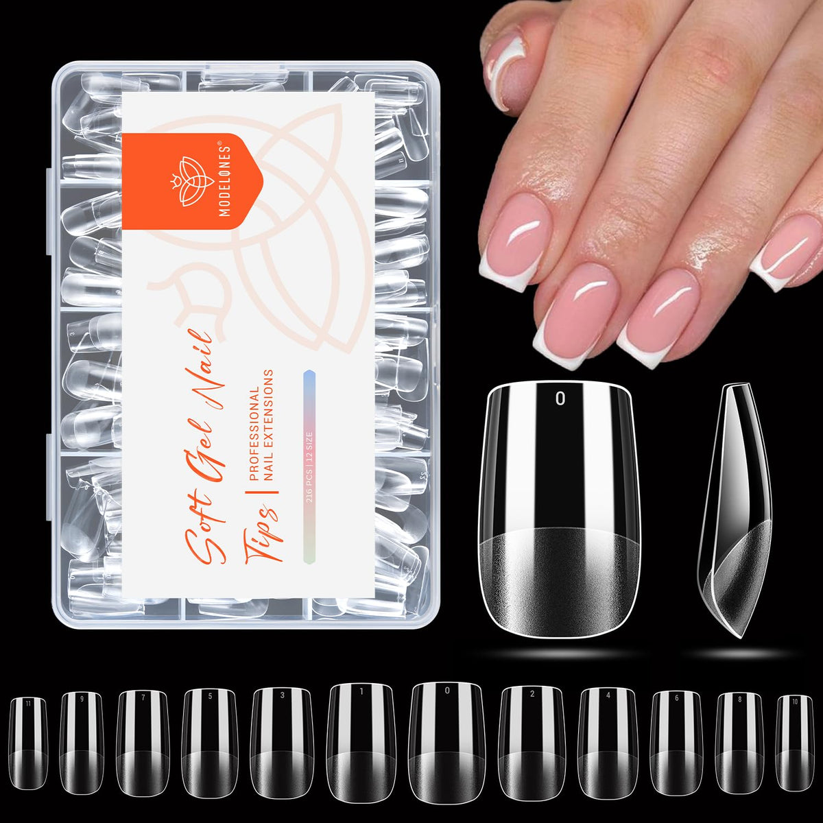 Modelones Short Clear Soft Gel Nail Tips front view