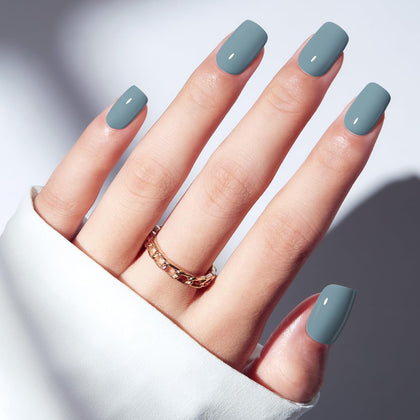 modelones Steel Blue Press On Nails front view with packaging