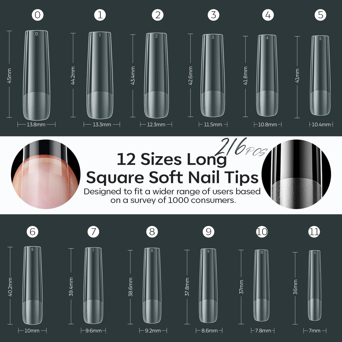 Modelones XXL Long Square Nail Tips showing different sizes