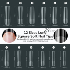 Modelones XXL Long Square Nail Tips showing different sizes