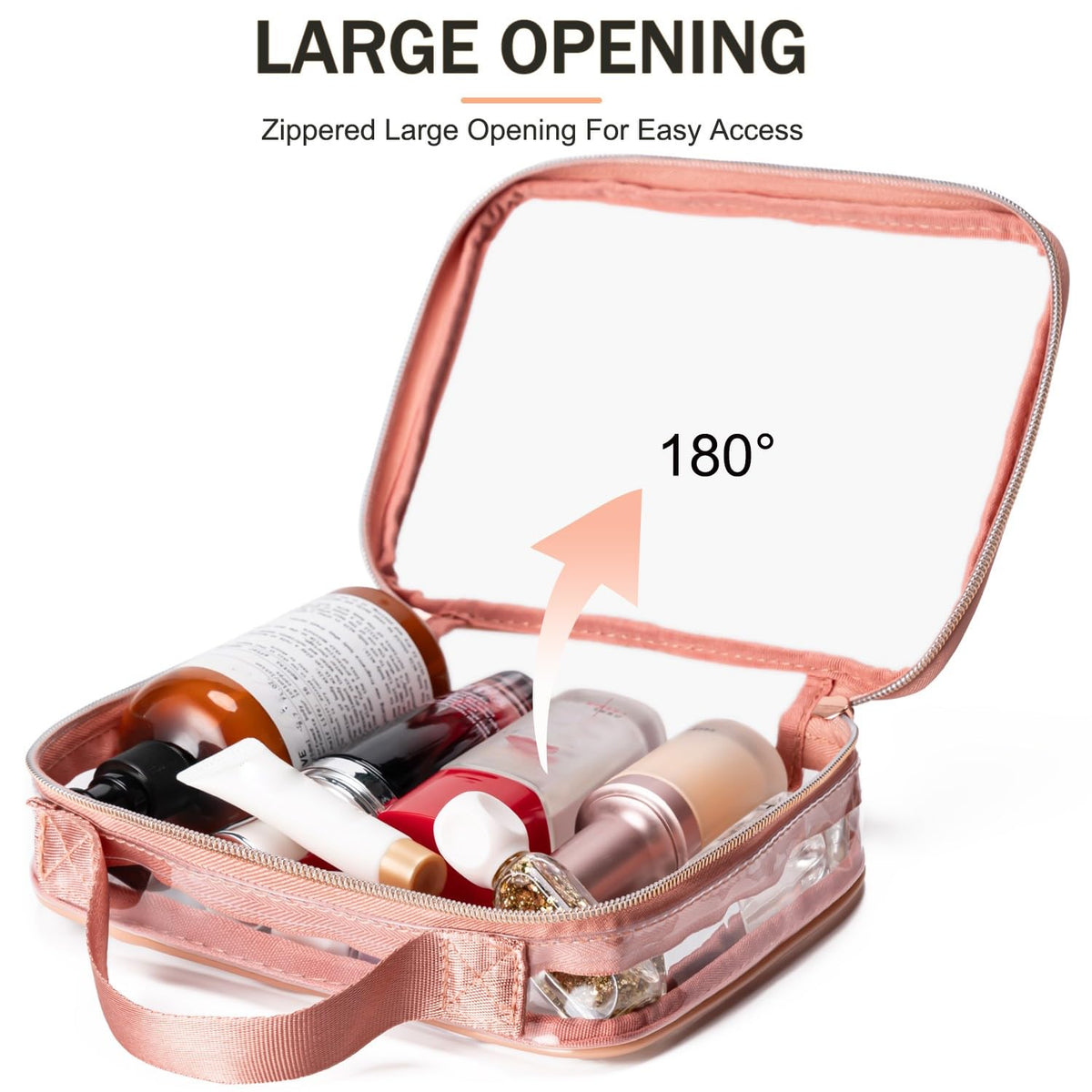 MODENGKONGJIAN Clear Toiletry Bag open with travel bottles inside