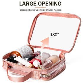 MODENGKONGJIAN Clear Toiletry Bag open with travel bottles inside