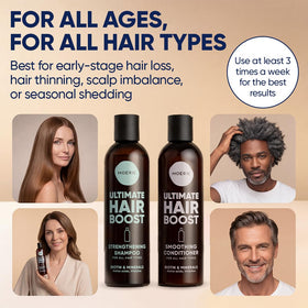 Moerie Hair Growth Shampoo and Conditioner in bathroom setting