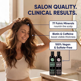 Moerie Hair Growth Shampoo and Conditioner on a shelf