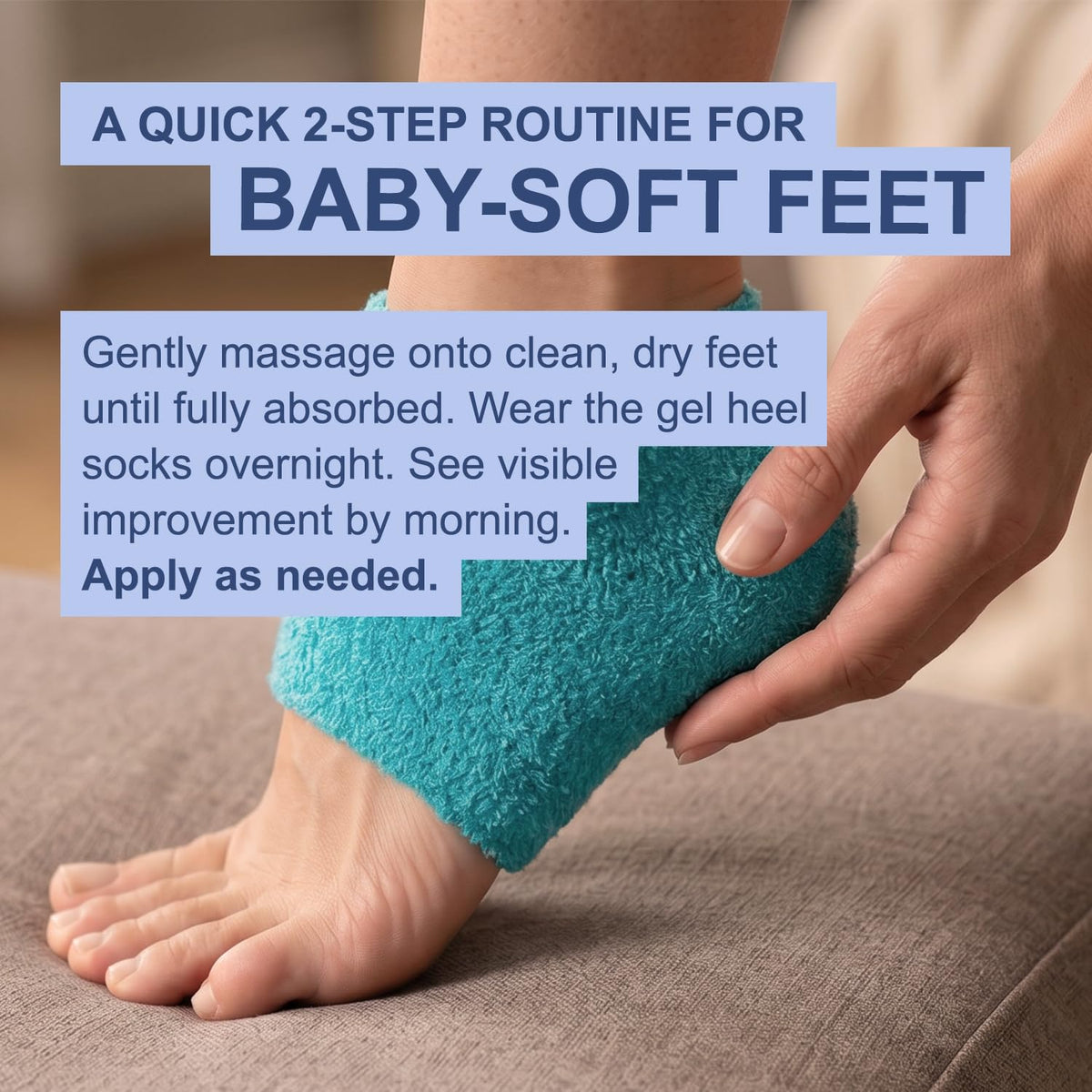 Moisturising gel socks worn on feet