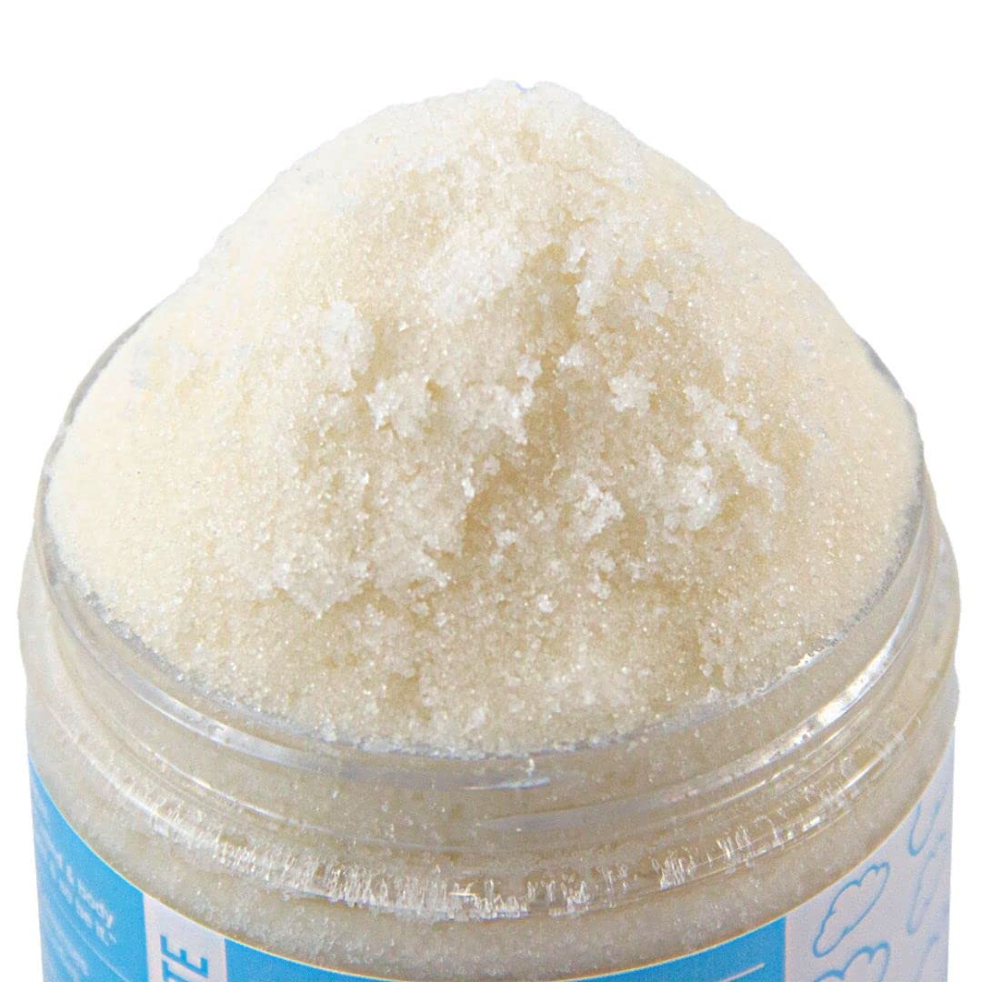 Mojo Spa Face and Body Scrub showing the clear plastic jar