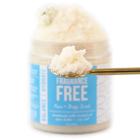 Mojo Spa Fragrance Free Scrub with ingredients displayed
