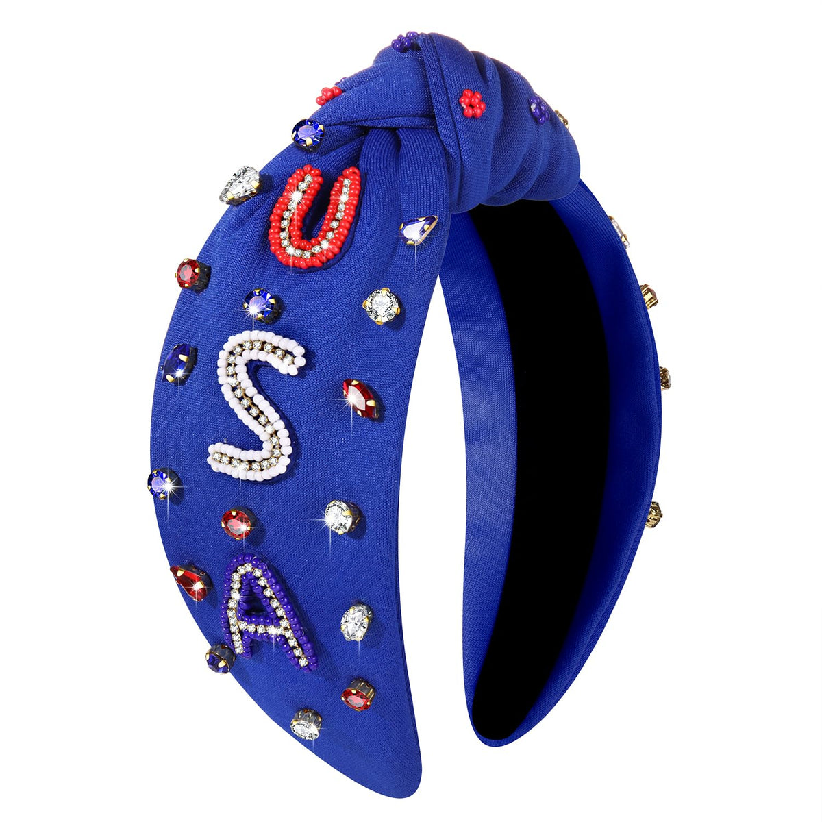 MOLOCH 4th of July Rhinestone Headband front view with red white blue design