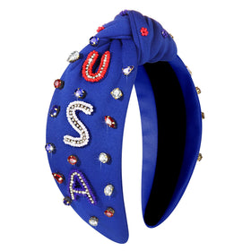 MOLOCH 4th of July Rhinestone Headband front view with red white blue design
