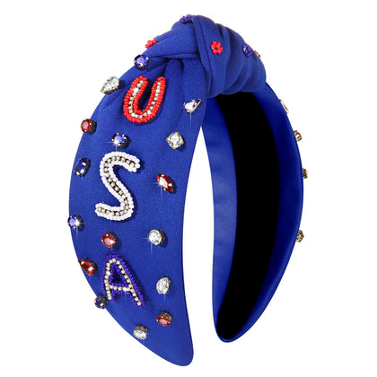 MOLOCH 4th of July Rhinestone Headband front view with red white blue design