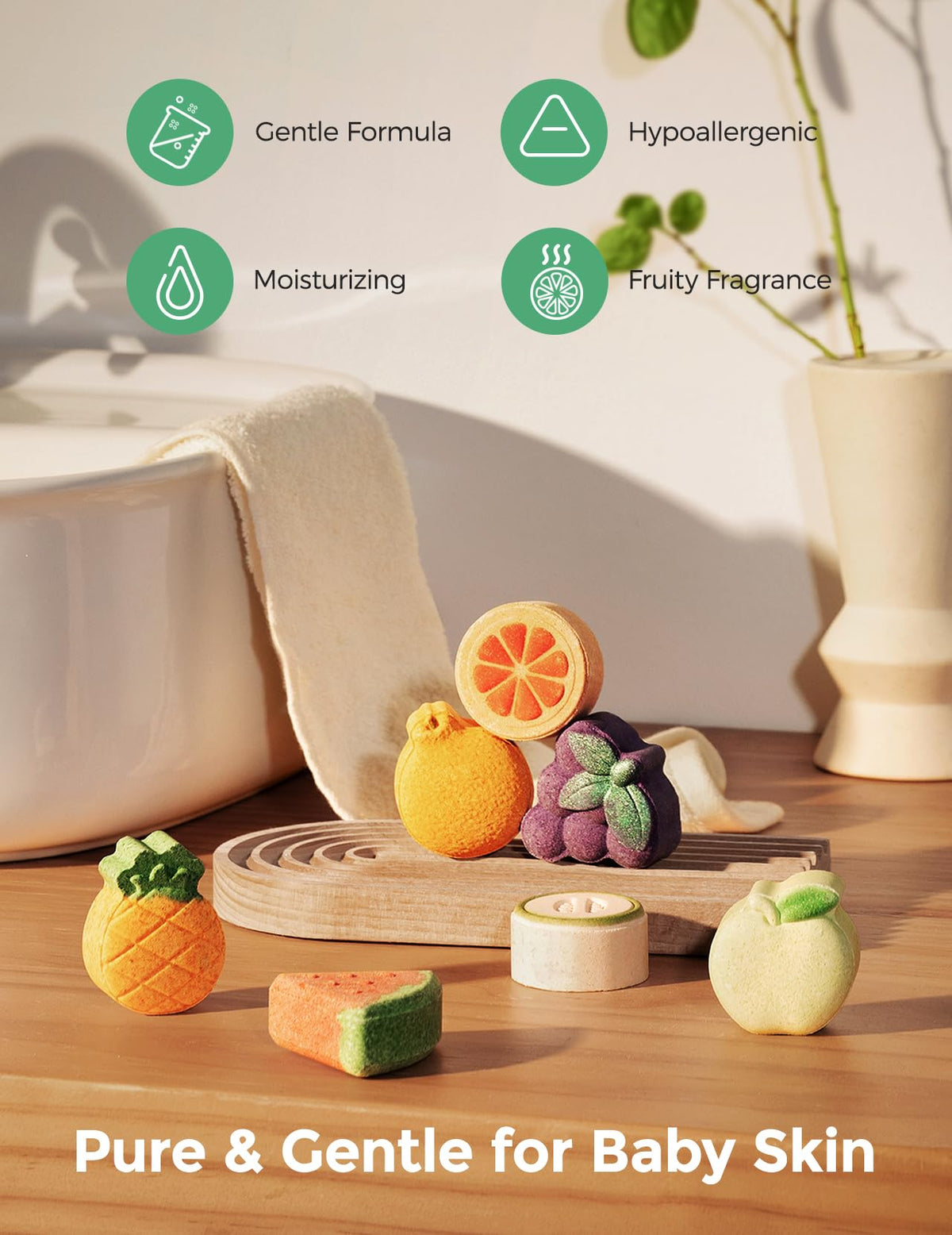Momcozy fruit bath bombs with essential oils displayed